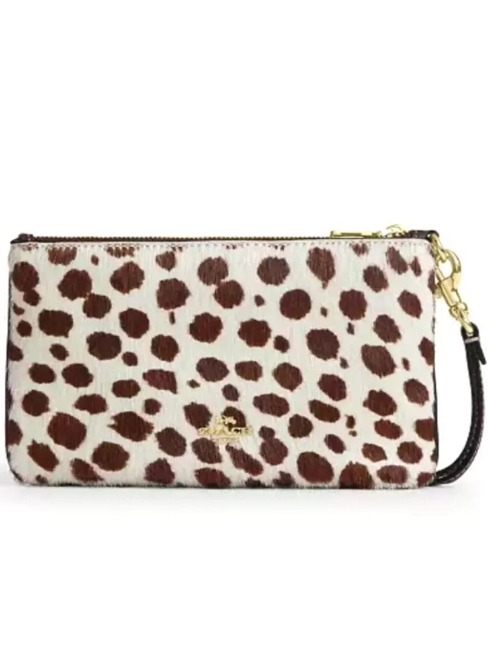 Coach Ashton Haircalf Spotted Animal Print Wristlet in Dark Brown/Chalk, NWT